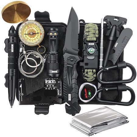 Kit supravietuire 16in1, OIMG, Cutit/Busola/Lanterna/Fluier/Chingi/Paracord, Negru