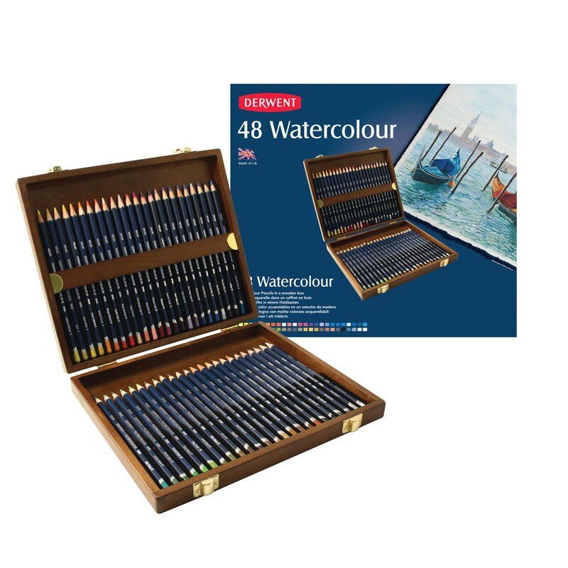 Set 48 creioane acuarela Watercolour Derwent cutie lemn