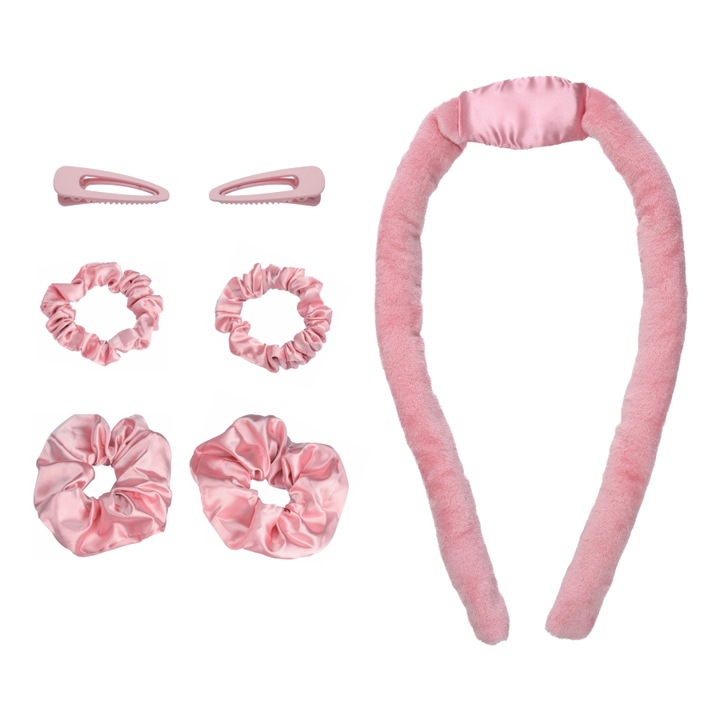 Ondulator textil de par din microfibra, Beauty Curler, Meloni, cu accesorii, roz