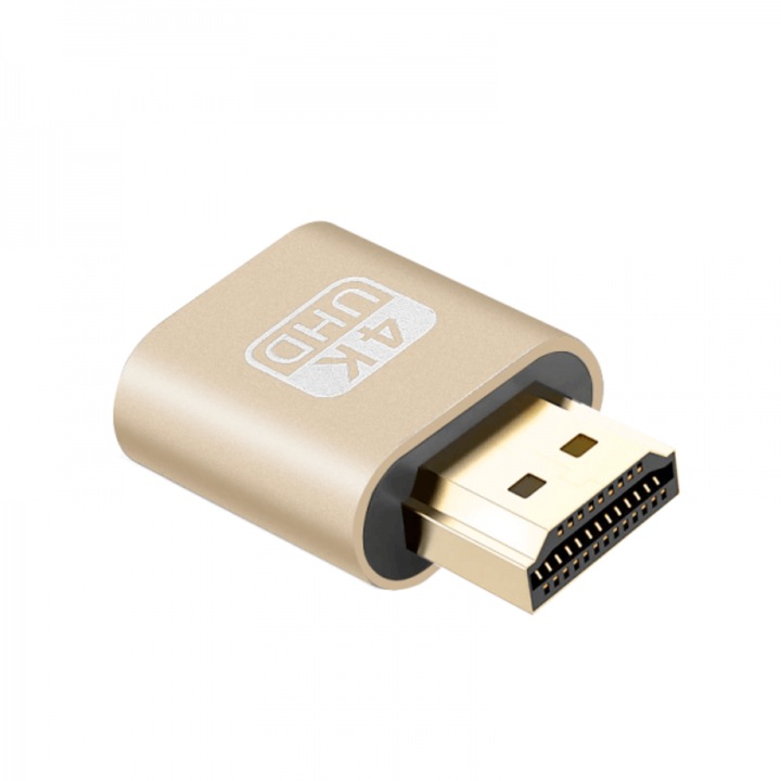 Адаптер-емулатор, Dummy, 4K DDC EDID, HDMI, GPU зареждане без монитор, Използван като хардуерен ускорител за копаене, Златист