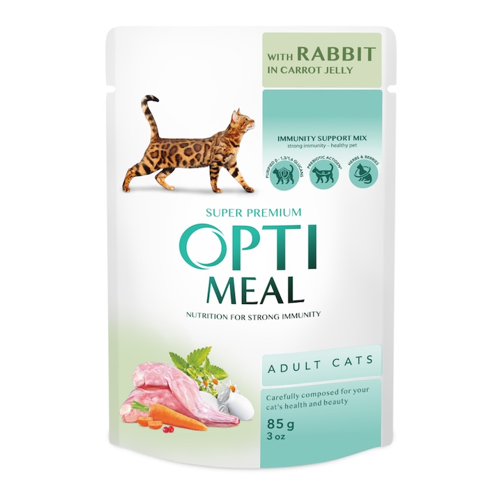 Hrana umeda completa Optimeal pentru pisici cu iepure in jeleu de morcovi, 12 x 85 g