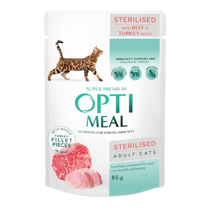 Hrana umeda completa pentru pisici sterilizate, Optimeal, cu carne de vita si file de curcan in jeleu, 12*0,085kg