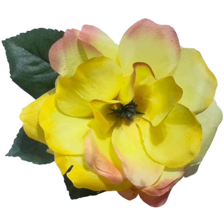 Brosa trandafir, Handmade, Floare 3D, 3 in 1, Statement, Clips par, Floare corsaj, Textil, Metal, 15 cm, Galben degrade, Verde inchis