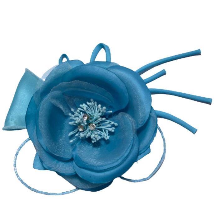Brosa floare, Handmade, Statement, 3D, Clips par, Floare corsaj, Textil, Metal, 15x15x5 cm, Albastru turcoaz