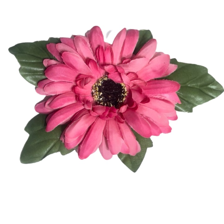 Brosa floare, Handmade, Zinnia 3D, Clips par, Floare corsaj, Statement, Textil, Metal, 14x10x4 cm, Roz cald, Verde inchis