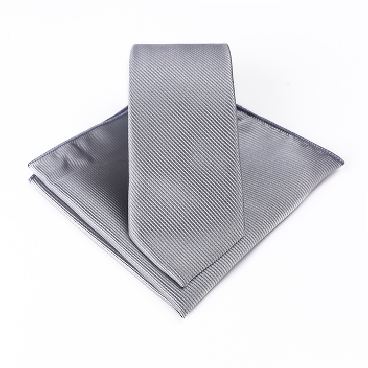 Сива полиестерна вратовръзка и кърпичка 145см x 7см x 3,5см