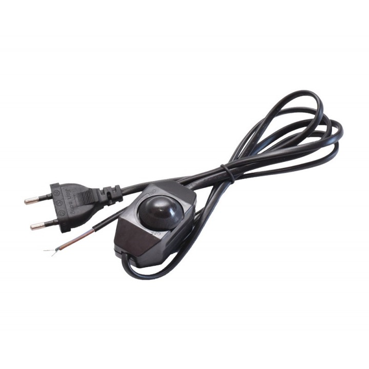 Cablu cu stecher plat tip EU si intrerupator pe fir tip variator, ce permite reglarea tensiunii de alimentare, 6A, 2 firex 0.5 mm, 1.5m, Negru