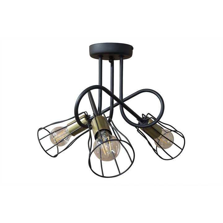 Plafoniera neagra cu elemente aurii si abajururi din sarma 3x60W