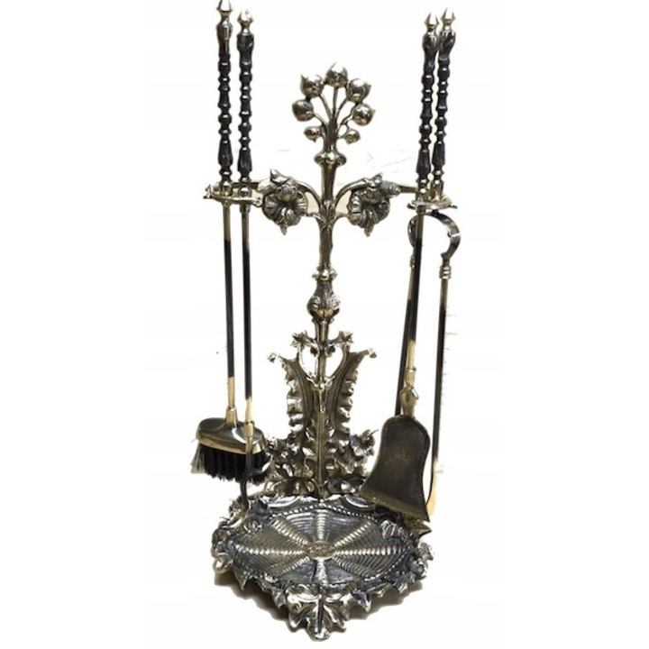 Set pentru semineu, 5 bucati, Alama, Auriu/Negru