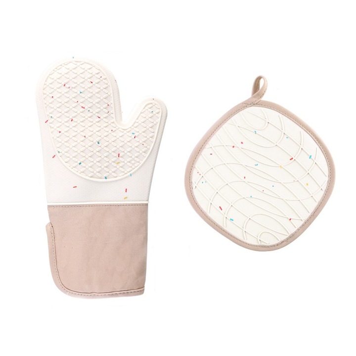 Sütőkesztyű/edénytartó készlet, Szilikon/Pamut, Bézs/Rózsaszín