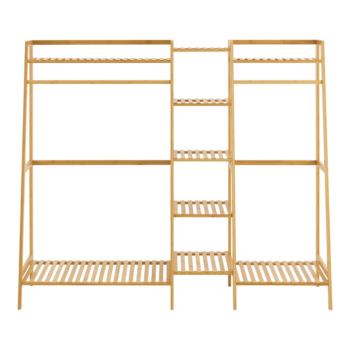 Suport haine, en.casa, Sogndal, 139 x 158 x 40 cm, bambus, natur, cu 2 sine si 5 rafturi
