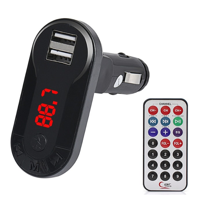 Modulator FM auto cu ecran LCD, USB, SD, Negru