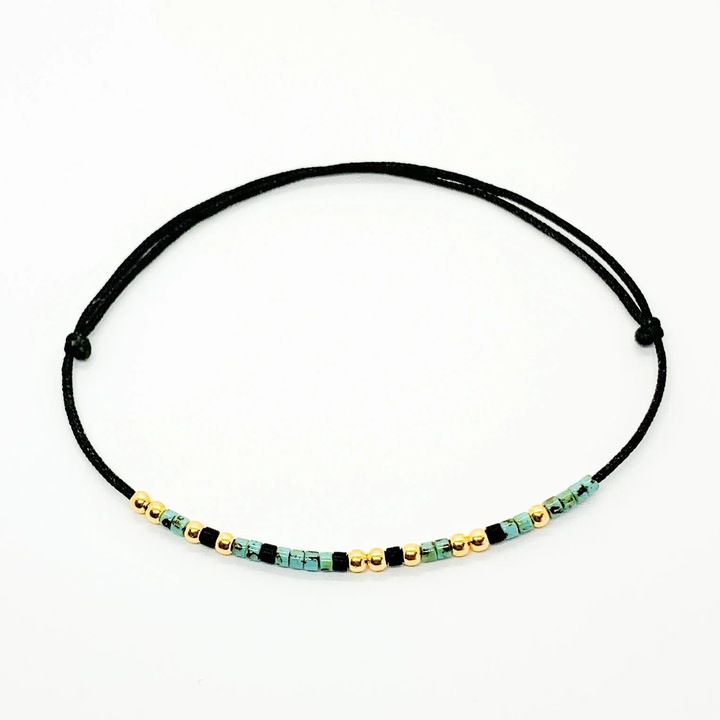 Bratara cod Morse "Family", reglabila, dama, snur matase, argint placat cu aur 24K, negru/verde