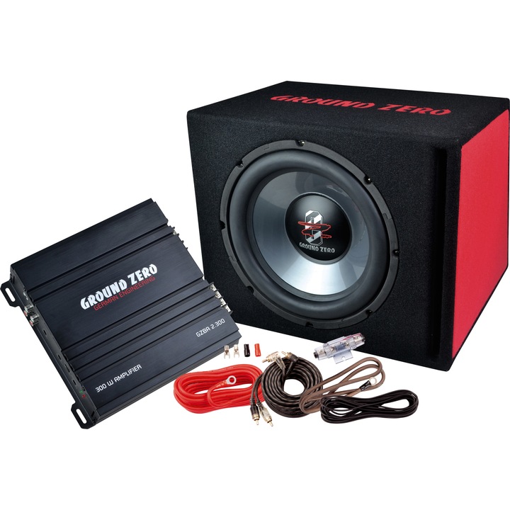 Kit Subwoofer + Amplificator Ground Zero Bass KIT 12.300, 30cm, 300W RMS, 2 canale, 4 Ohm