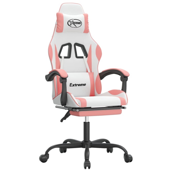 Scaun de gaming cu suport picioare vidaXL, alb/roz, piele ecologica, 57.5 x 59.5 x 121-131 cm, 14.3 kg