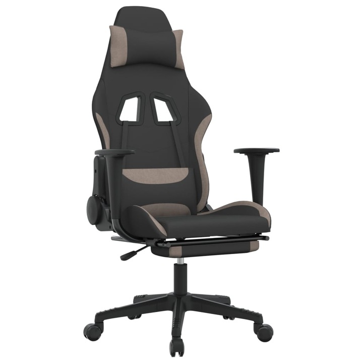 Scaun de gaming cu taburet vidaXL, negru si gri taupe, textil, 64 x 60 x (117-127) cm