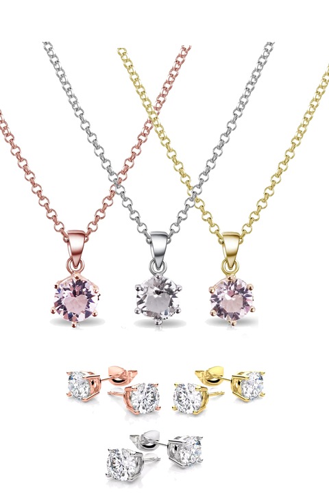 Philip Jones ékszerkészlet 16205809 11-26-227, 3 nyaklánc és 3 fülbevaló, elemekkel: kristályok, arany, rózsaszín arany és ezüst