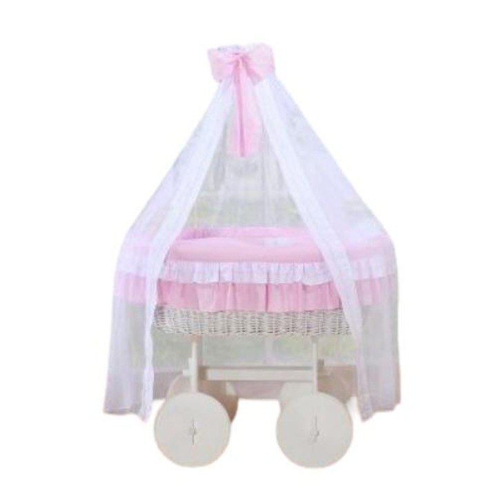 Кошче с балдахин за бебета, My Sweet Baby, Ракита/Памук, Розов/Бял