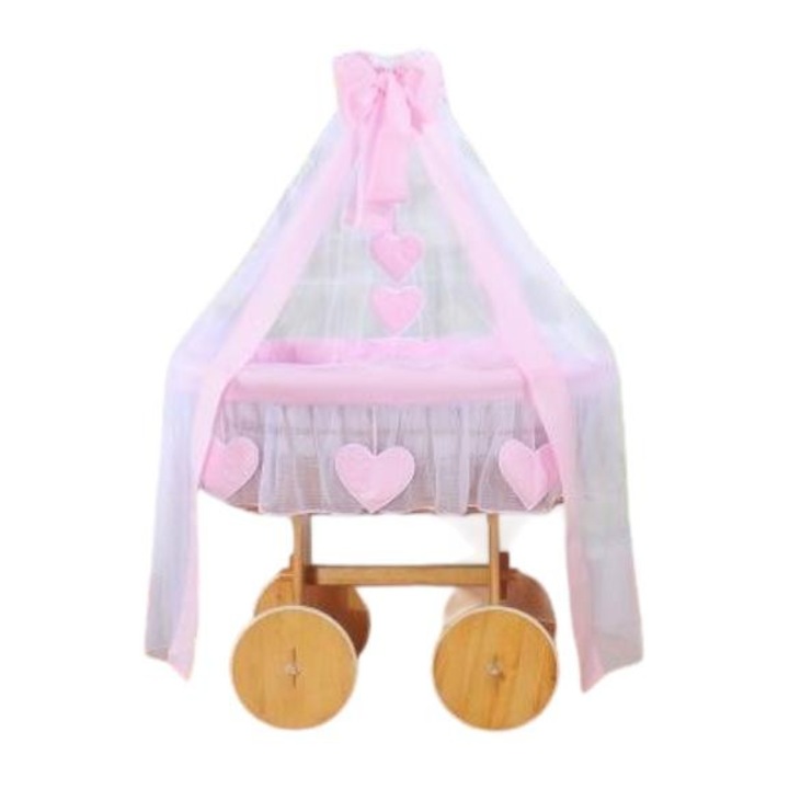 Кош с балдахин за бебе, My Sweet Baby, Ракита/Памук, Бяло/Розово