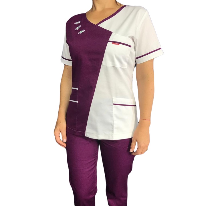 Costum Medical Dama, Violet, Broderie Floricele, XXL