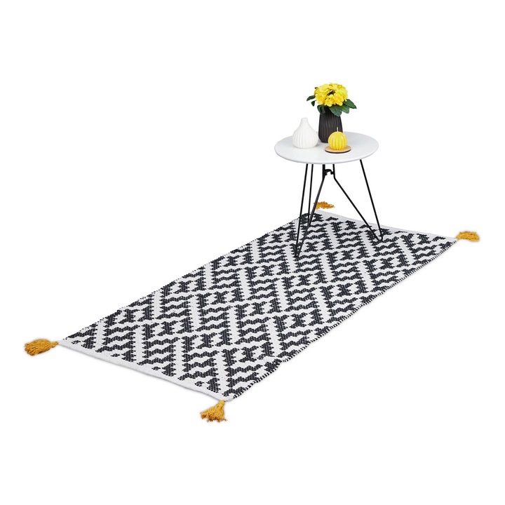 Covor cu ciucuri pentru living/dormitor, Model zig- zag, Bumbac tesut, 70 x 140 cm, Alb/Antracit