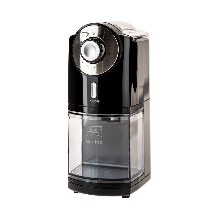 Кафемелачка Molino, Melitta, Стомана, 100 W, 200 g, Черна/Сребриста
