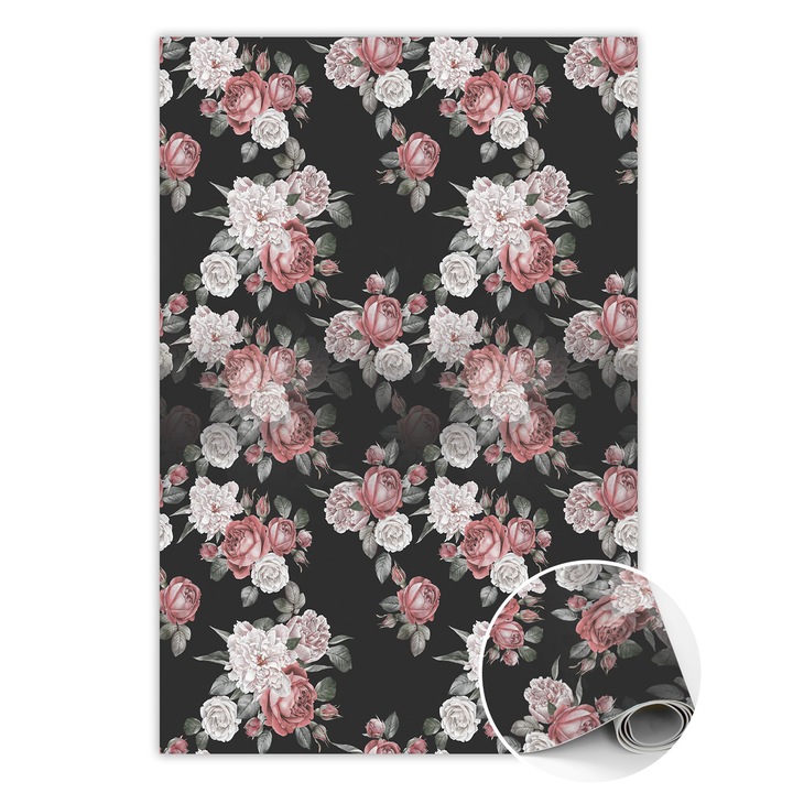 Covor de vinil, PVC, Trandafiri, Negru, 60 cm x 90 cm, 010260360570000020527