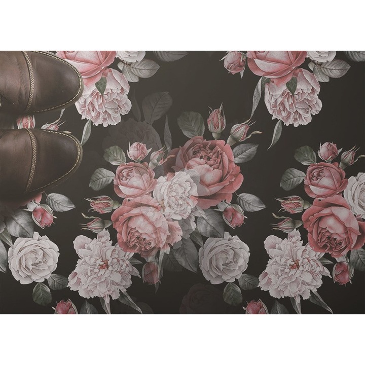 Covor de vinil, PVC, Trandafiri, Negru, 120 cm x 180 cm, 010260360160000020527