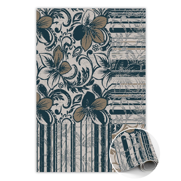 Covor de vinil, PVC, Flori si linii, Albastru, 60 cm x 90 cm, 010260360570000029780