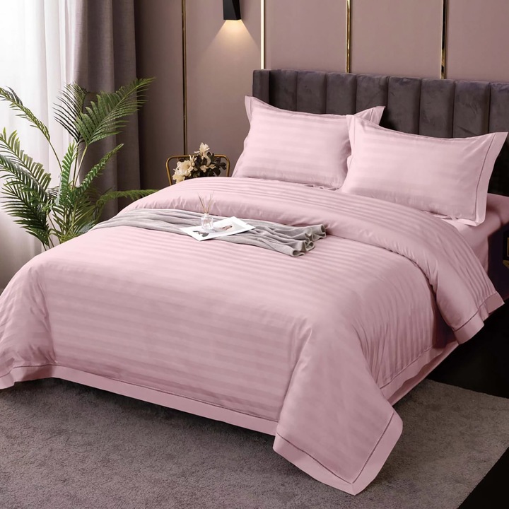 Спално бельо от полипамук двойна дамаска, чаршаф с ластик за матрак 160x200 см, 4 части, Ralex Pucioasa, IMP9 Pink