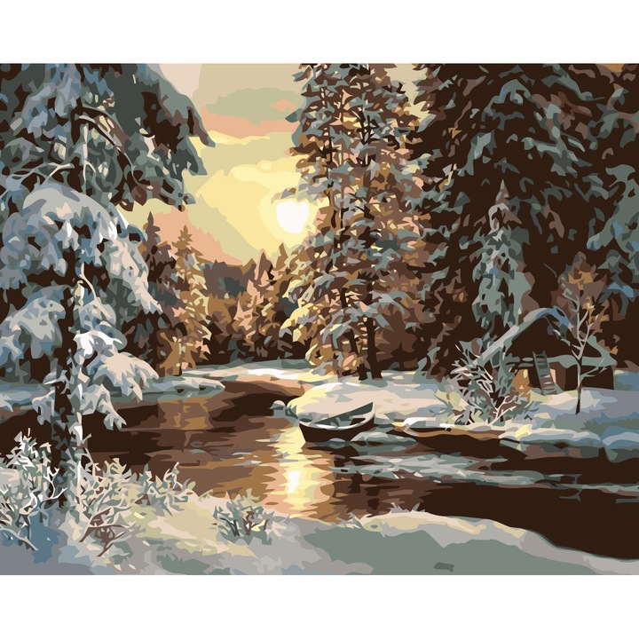 Set pictura pe numere Peisaj de iarna 3146, panza bumbac pe rama lemn, 40x50 cm, tablou cu schita, 3 pensule si vopsea acrilica
