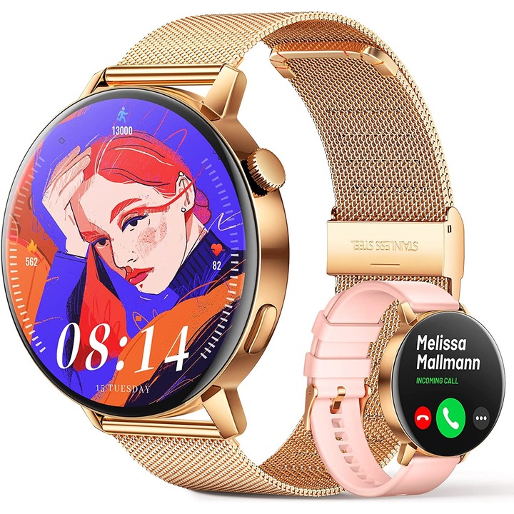 Ceas SmartWatch DT™ WATCH3 MINI, Apelare Bluetooth HD, 1.19" Borderless 4D, NFC Acces Control, GPS Route tracking, AI Asistent Vocal, ECG, 24/7 Fitness Tracker, Curea Metalica si Silicon, Refined Gold