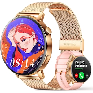 Ceas SmartWatch DT™ WATCH3 MINI, Apelare Bluetooth HD, 1.19" Borderless 4D, NFC Acces Control, GPS Route tracking, AI Asistent Vocal, ECG, 24/7 Fitness Tracker, Curea Metalica si Silicon, Refined Gold