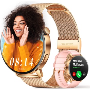 Ceas Smartwatch WiX™ MINI Apel Bluetooth HD, 1.19” Crystal Clear View, AI Asistent Vocal, GPS Route Tracking, NFC Acces Control, 24/7 Smart Activity Tracker, Monitor HR/SpO2, Curea Metalica si Silicon Sunshine Gold