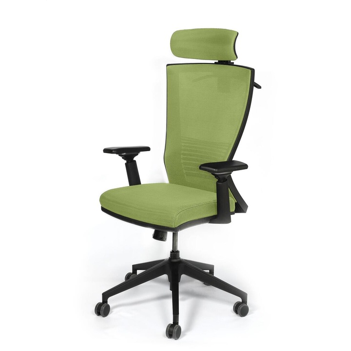 Scaun ergonomic KRONSIT BERGAMO pentru birou, 3D Air mesh, cotiere 3D, spatar blocabil in 4 pozitii, tetiera reglabila, role silicon, 120 kg, verde