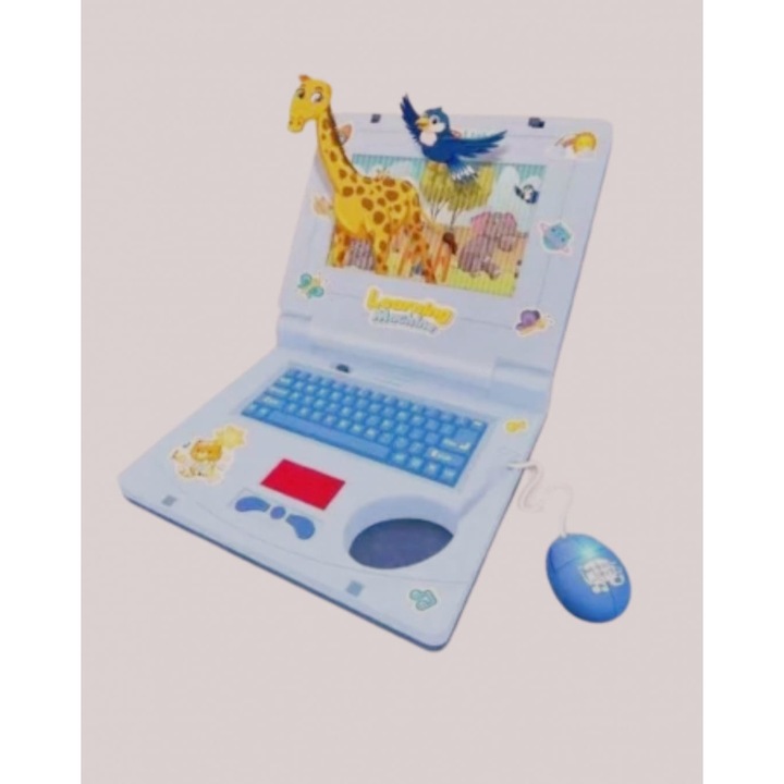 Jucarie laptop muzical pentru copii, interactiv, divertisment educativ, pentru baieti, personaje din jungla, albastru