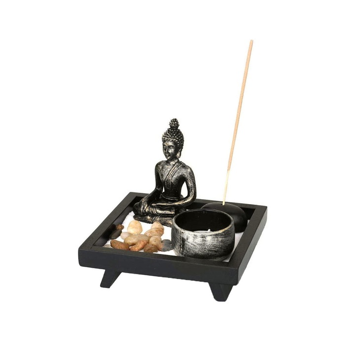 Set aromaterapie ZenLight, accesorii incluse, mini statueta, 12 cm, accente argintii, negru, Doty