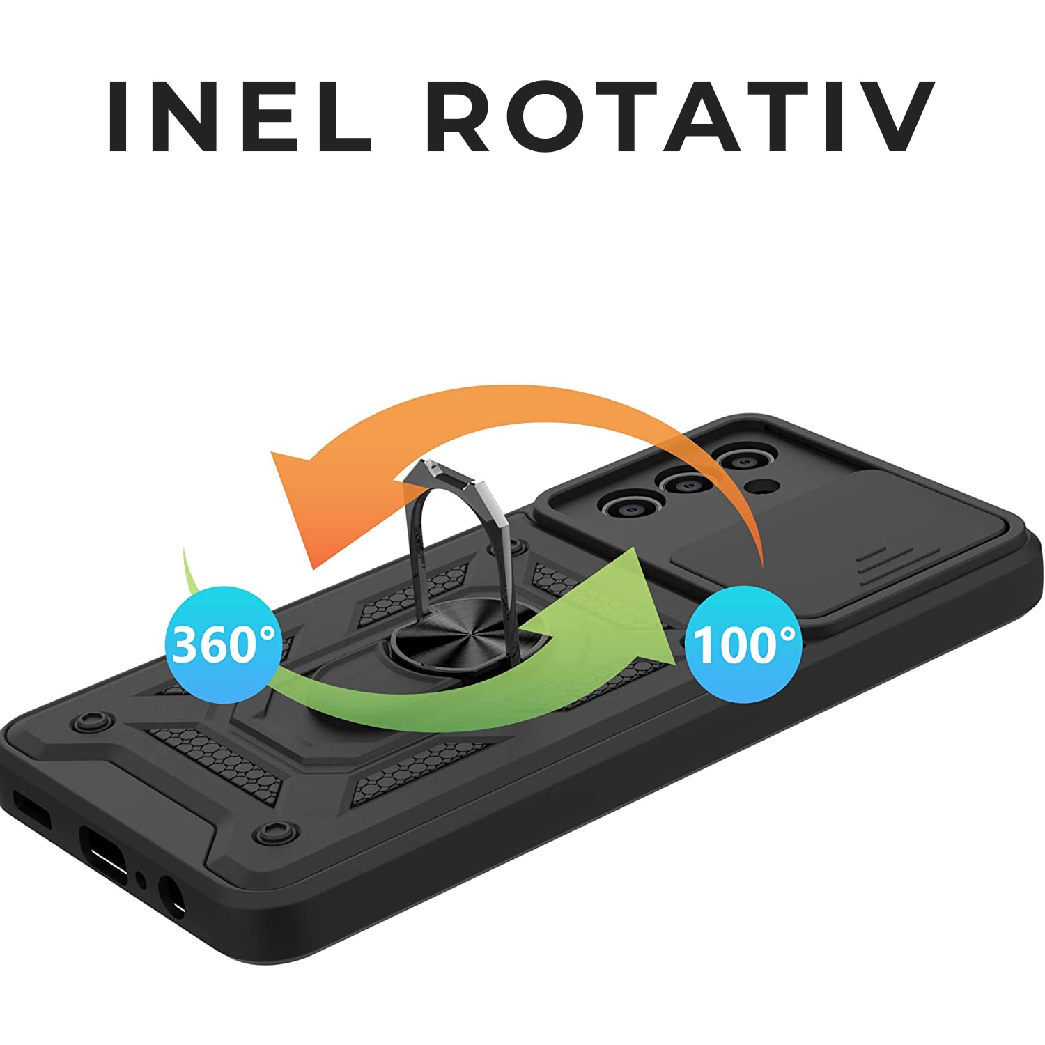 Husa cu inel rotativ 360 pentru Samsung A14 5G, Hybrid Antisoc, Slider pentru protectia camerei, PremiumCell, Negru