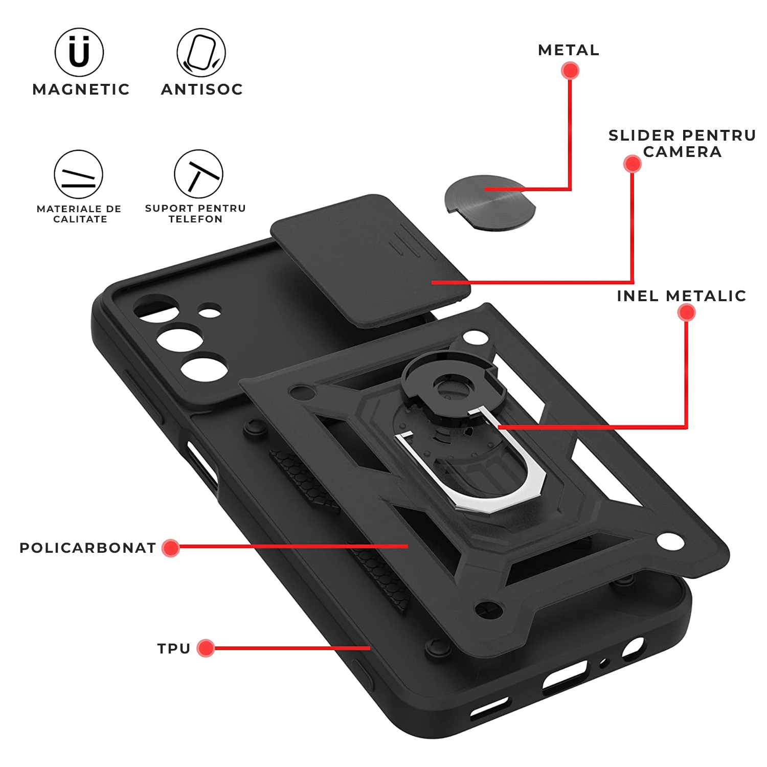 Husa cu inel rotativ 360 pentru Samsung A14 5G, Hybrid Antisoc, Slider pentru protectia camerei, PremiumCell, Negru