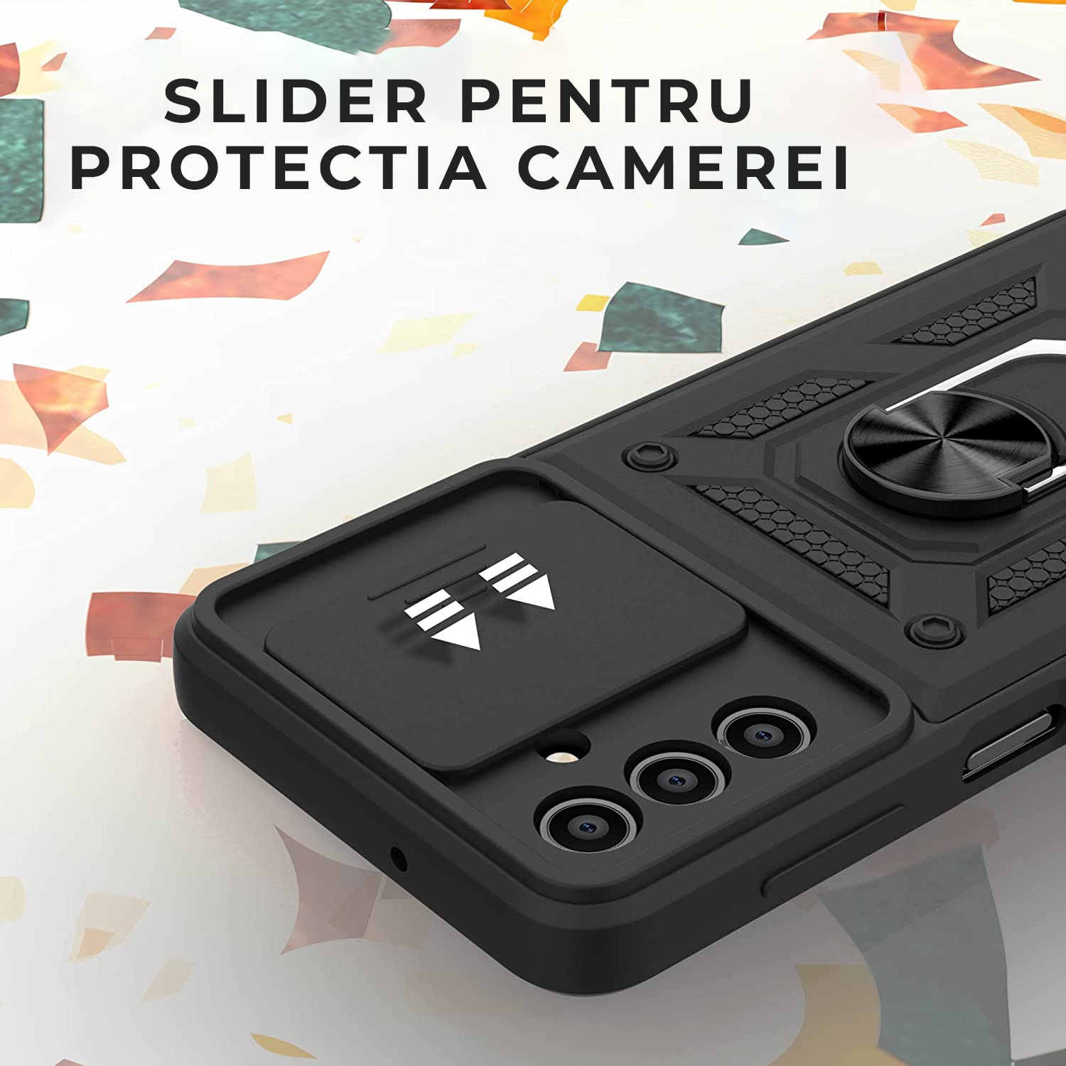 Husa cu inel rotativ 360 pentru Samsung A14 5G, Hybrid Antisoc, Slider pentru protectia camerei, PremiumCell, Negru