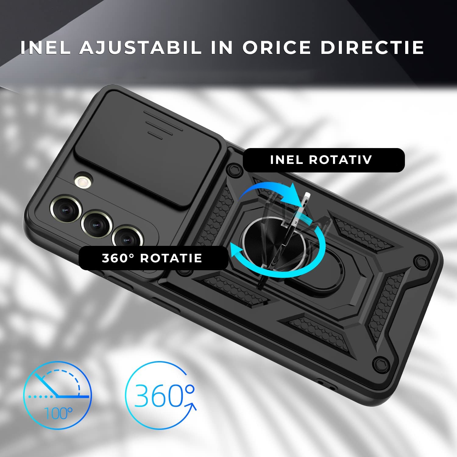 Husa cu inel rotativ 360 pentru Samsung S21 Fe, Hybrid Antisoc, Slider pentru protectia camerei, PremiumCell, Negru