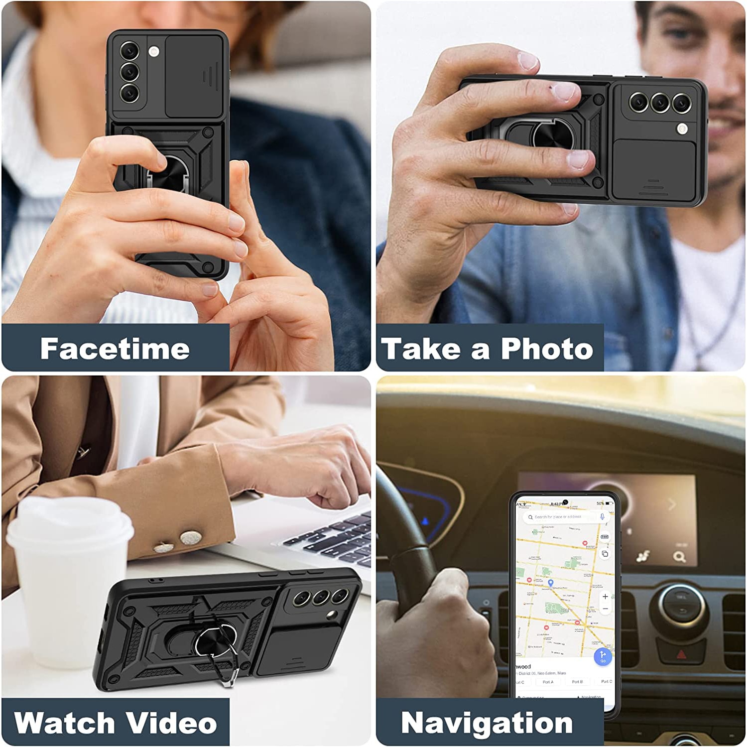 Husa cu inel rotativ 360 pentru Samsung S21 Fe, Hybrid Antisoc, Slider pentru protectia camerei, PremiumCell, Negru