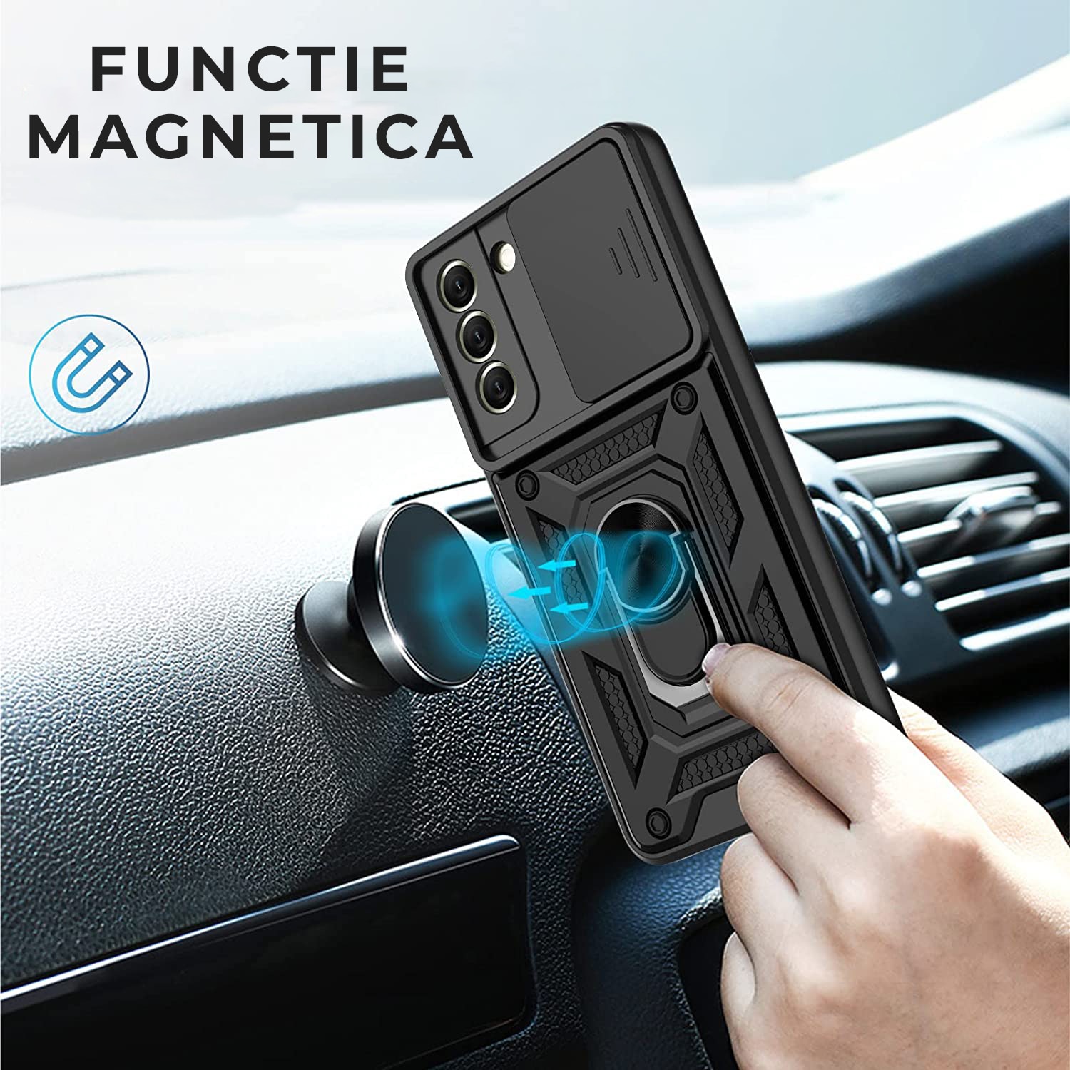 Husa cu inel rotativ 360 pentru Samsung S21 Fe, Hybrid Antisoc, Slider pentru protectia camerei, PremiumCell, Negru