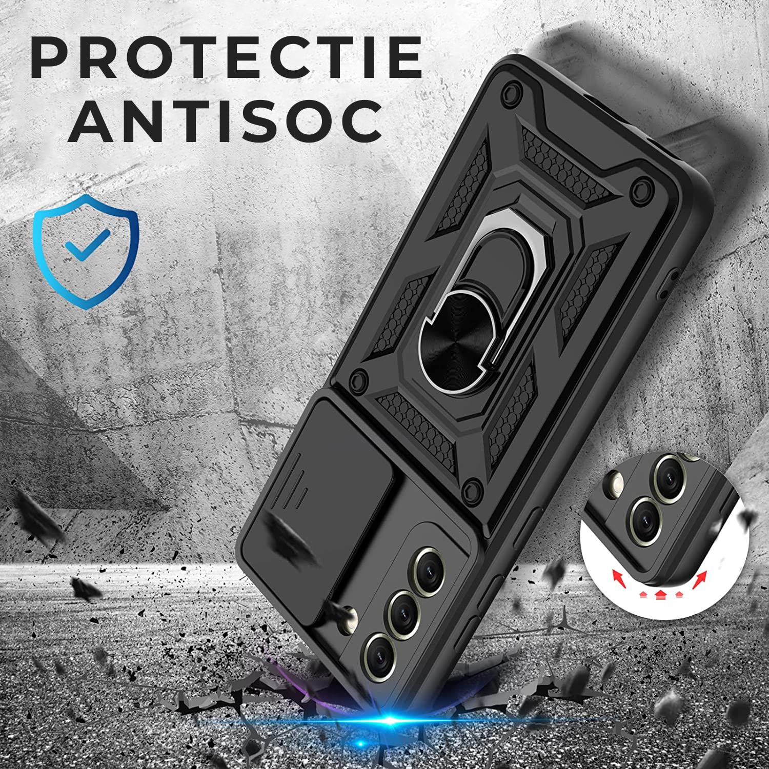 Husa cu inel rotativ 360 pentru Samsung S21 Fe, Hybrid Antisoc, Slider pentru protectia camerei, PremiumCell, Negru