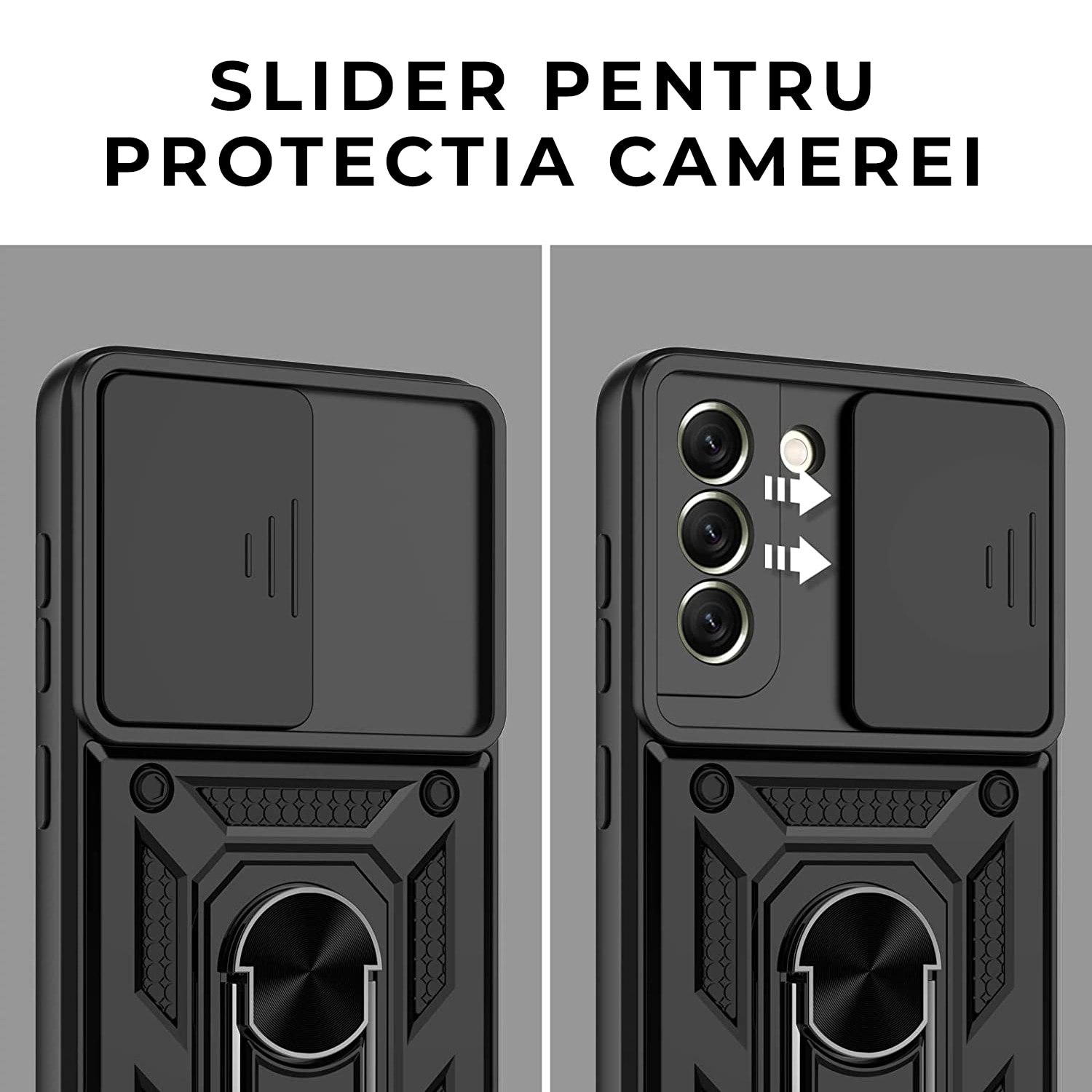 Husa cu inel rotativ 360 pentru Samsung S21 Fe, Hybrid Antisoc, Slider pentru protectia camerei, PremiumCell, Negru