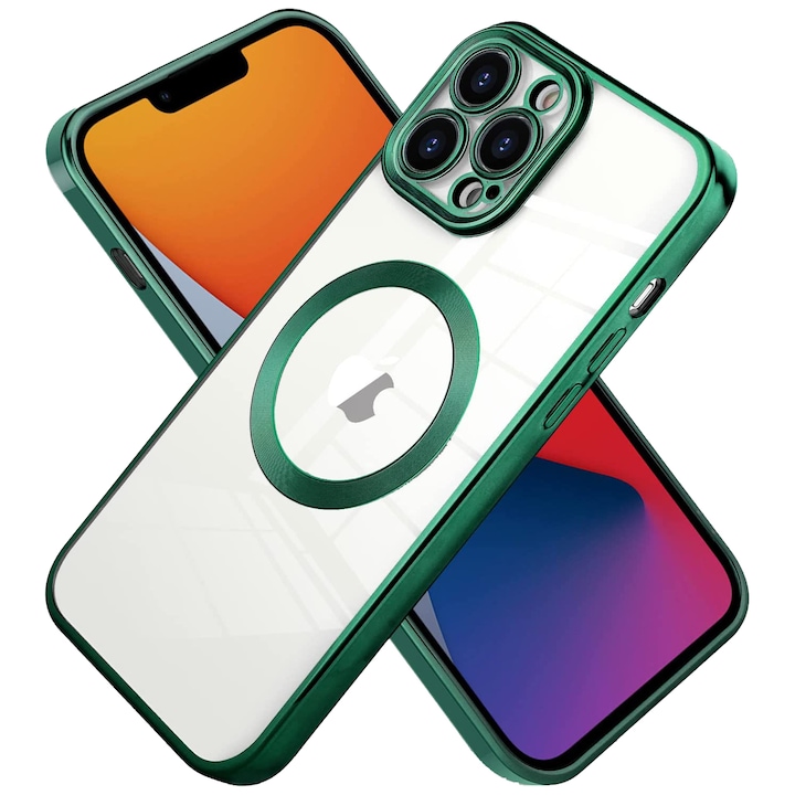 PremiumCell кейс за iPhone 14 Pro със защита на камерата, Удароустойчив, Прозрачен със зелени ръбове, Magsafe