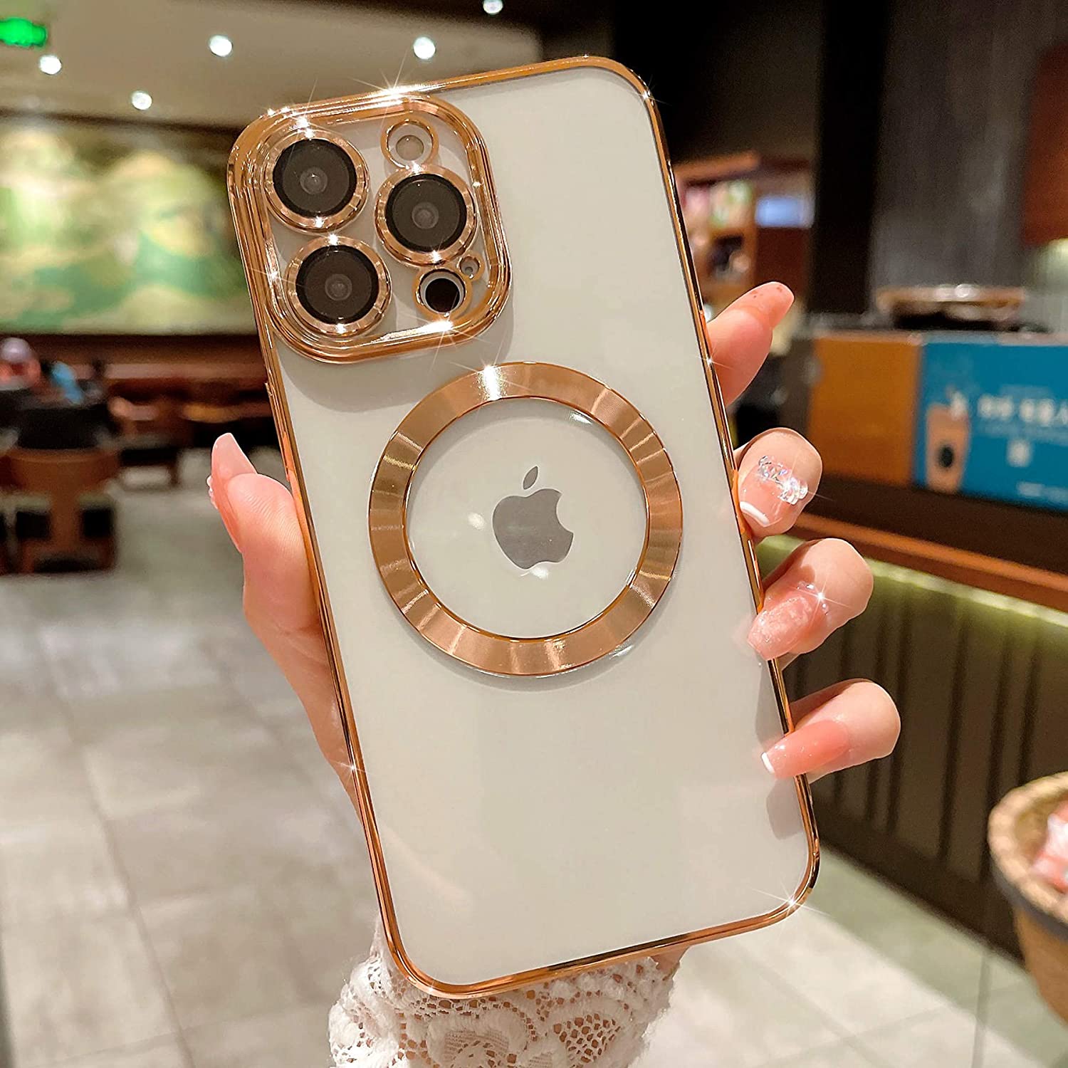 Husa PremiumCell Magsafe Luxury pentru Iphone 13 Pro Max cu protectie camera, Antisoc, Transparent cu margini aurii