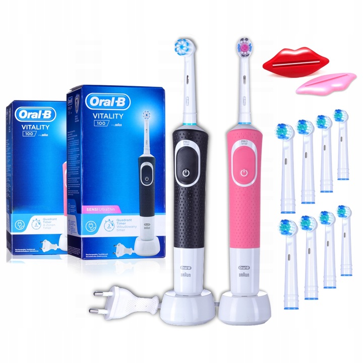 Oral-B Vitality 2 db elektromos fogkefe, 8 fejjel, fogkrém kinyomóval, rózsaszín és fekete