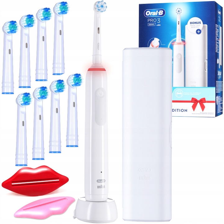 Oral B Pro 3 3500 White Sensi Elektromos fogkefe készlet, 8 db tartalék fogkefe fej, fogkrém kinyomó