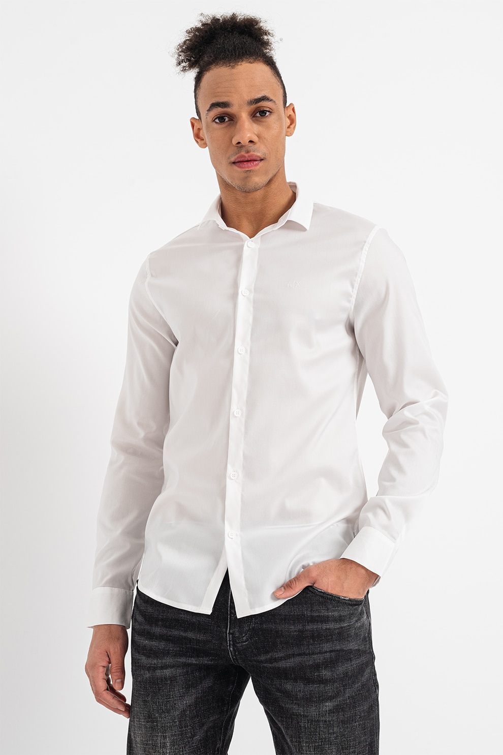 ARMANI EXCHANGE, Camasa din amestec de lyocell cu guler ascutit, Alb, 2XL